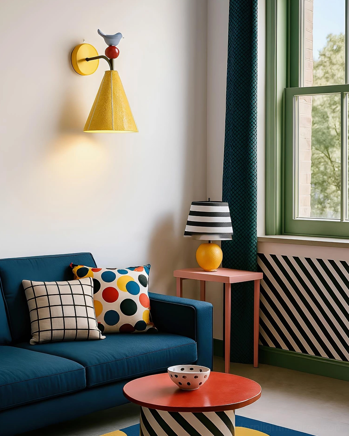 Playful bird-themed wall sconce in retro living room setting with blue sofa and decorative cushions, warm wall lighting