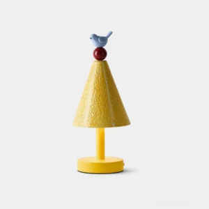 Tweetie bird table lamp with yellow textured shade and blue ceramic bird finial - modern contemporary lighting fixture