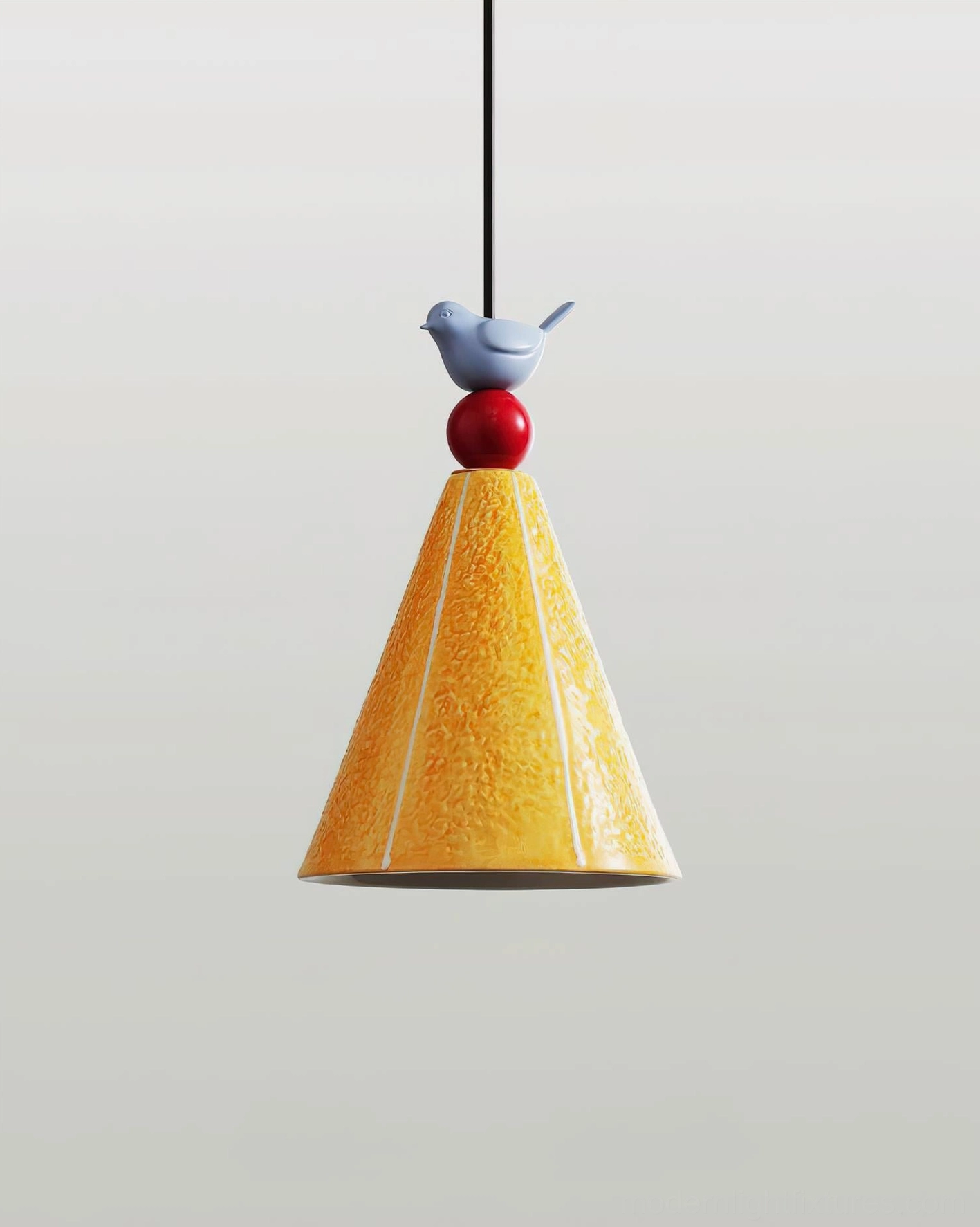 Ceramic bird pendant lamp bottom-up studio view, showing bird ornament detail and glossy sphere base with full illumination