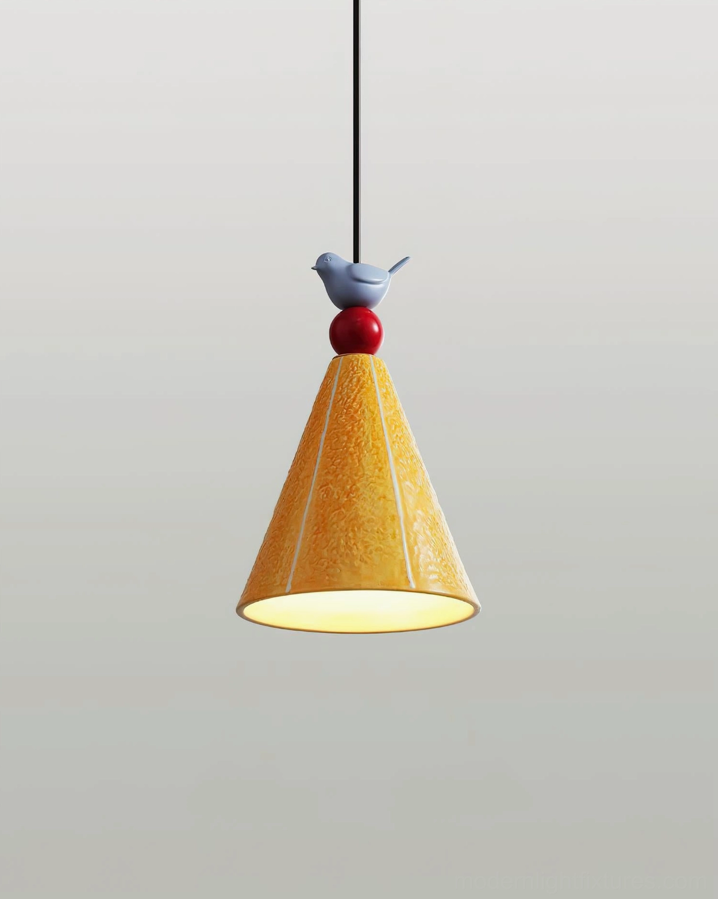 Tweetie pendant lamp illuminated from below, warm yellow light interior glow, studio background lighting design