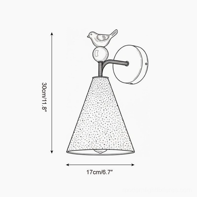 Technical drawing of Tweetie bird wall lamp with dimension measurements showing 30cm height and 17cm width specifications
