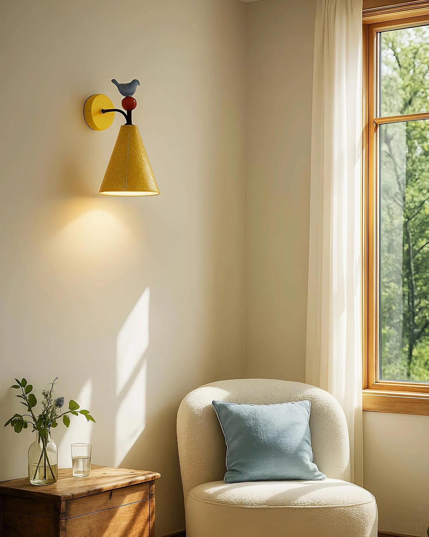 Tweetie bird wall sconce installed in cozy living room corner with sofa and plants, ambient warm lighting