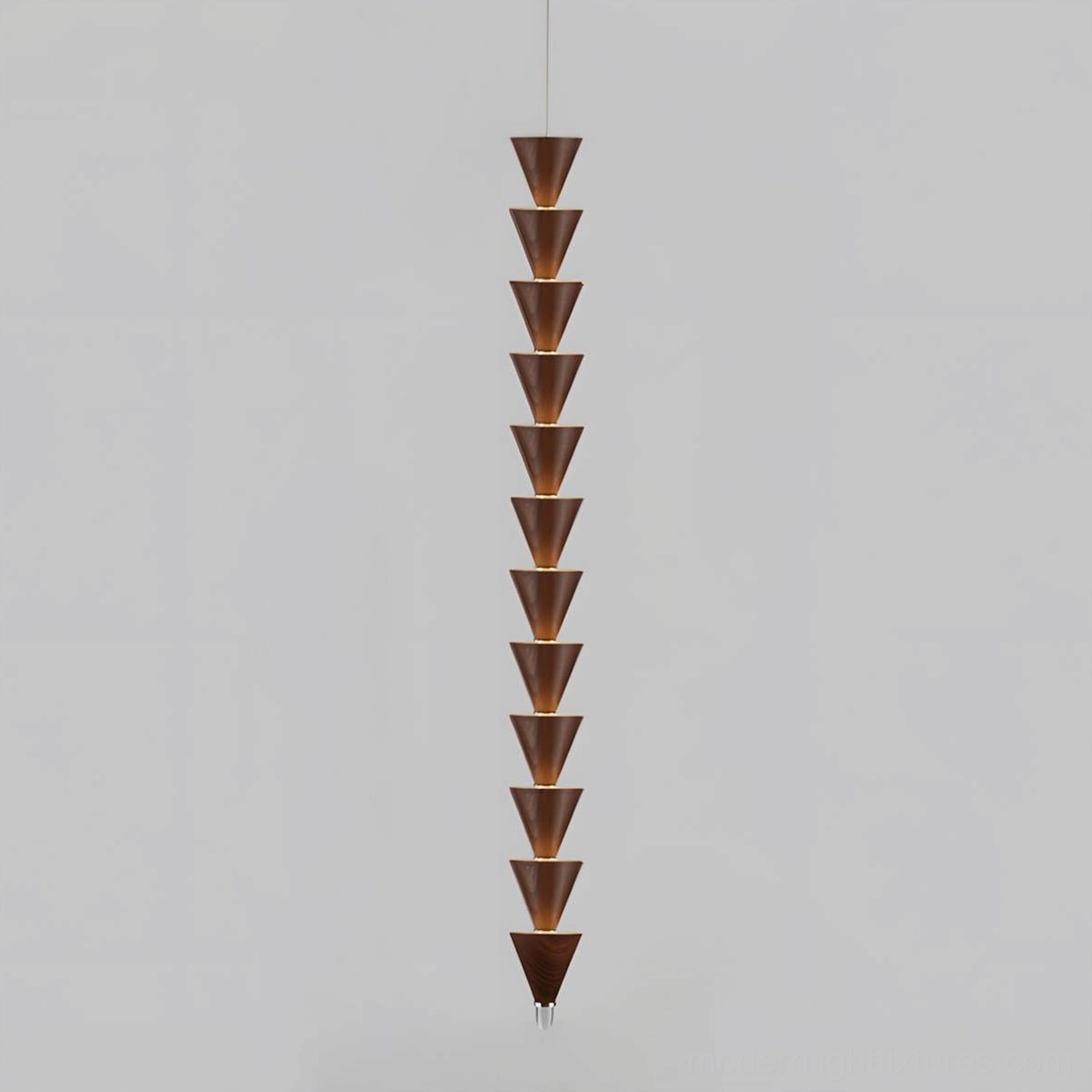 Twelve-tier stacked cone pendant light with extended height and dramatic totem-like silhouette