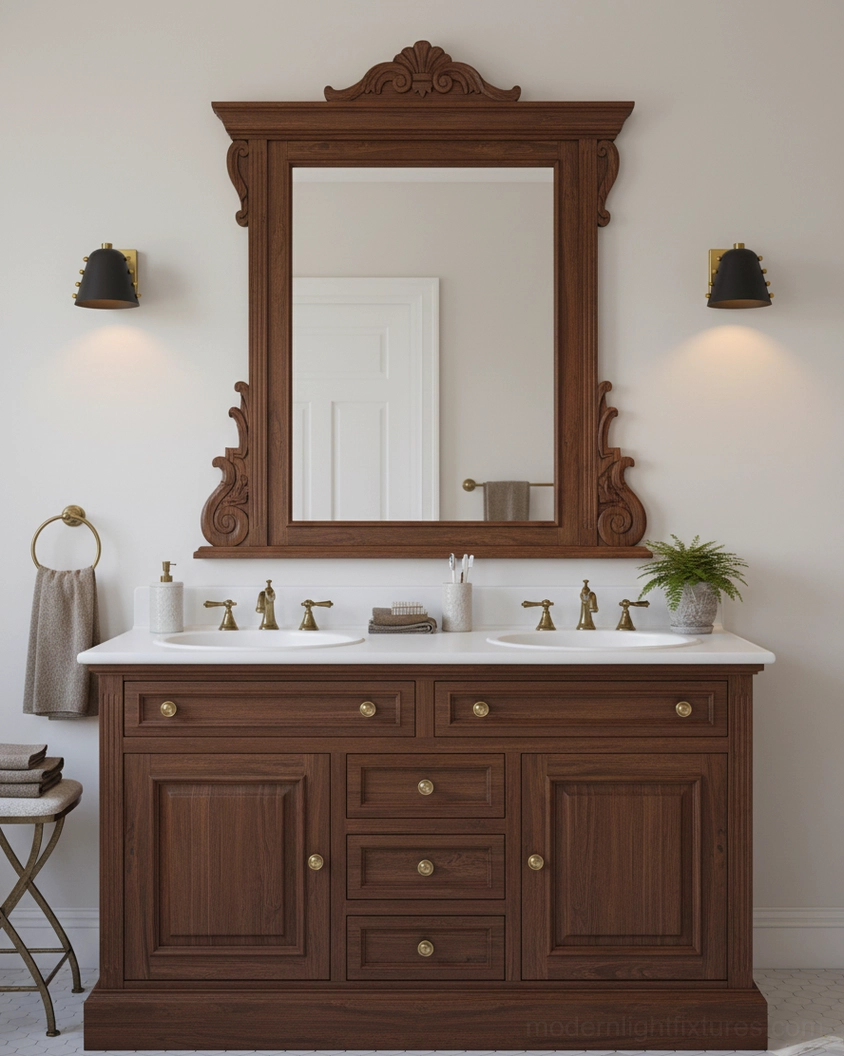 Black and brass Twilight pin wall sconces paired on luxury bathroom vanity with carved walnut furniture