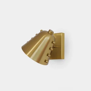 Twilight brass gold conical pin wall sconce close-up front view, mid-century modern design with metal stud details