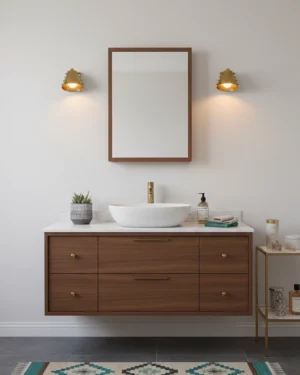 Pair of brass gold Twilight pin wall sconces flanking bathroom vanity mirror, mid-century modern bathroom lighting setup