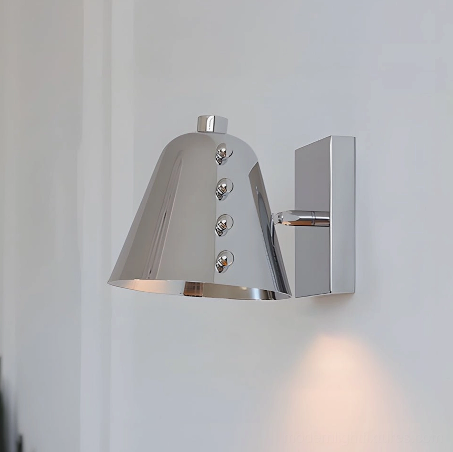 Twilight chrome silver conical pin wall sconce, polished metal finish with round stud hardware, side view
