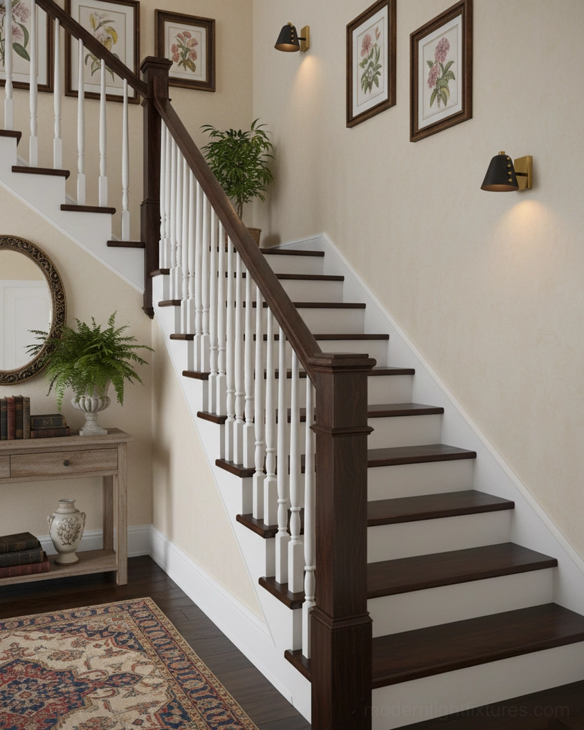 Chrome Twilight pin wall sconces installed in residential stairwell hallway, vintage home decorative lighting