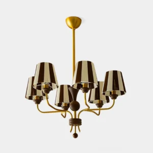 Twilight Stripe 6-light chandelier with striped fabric shades and brass gold metal frame on white studio background