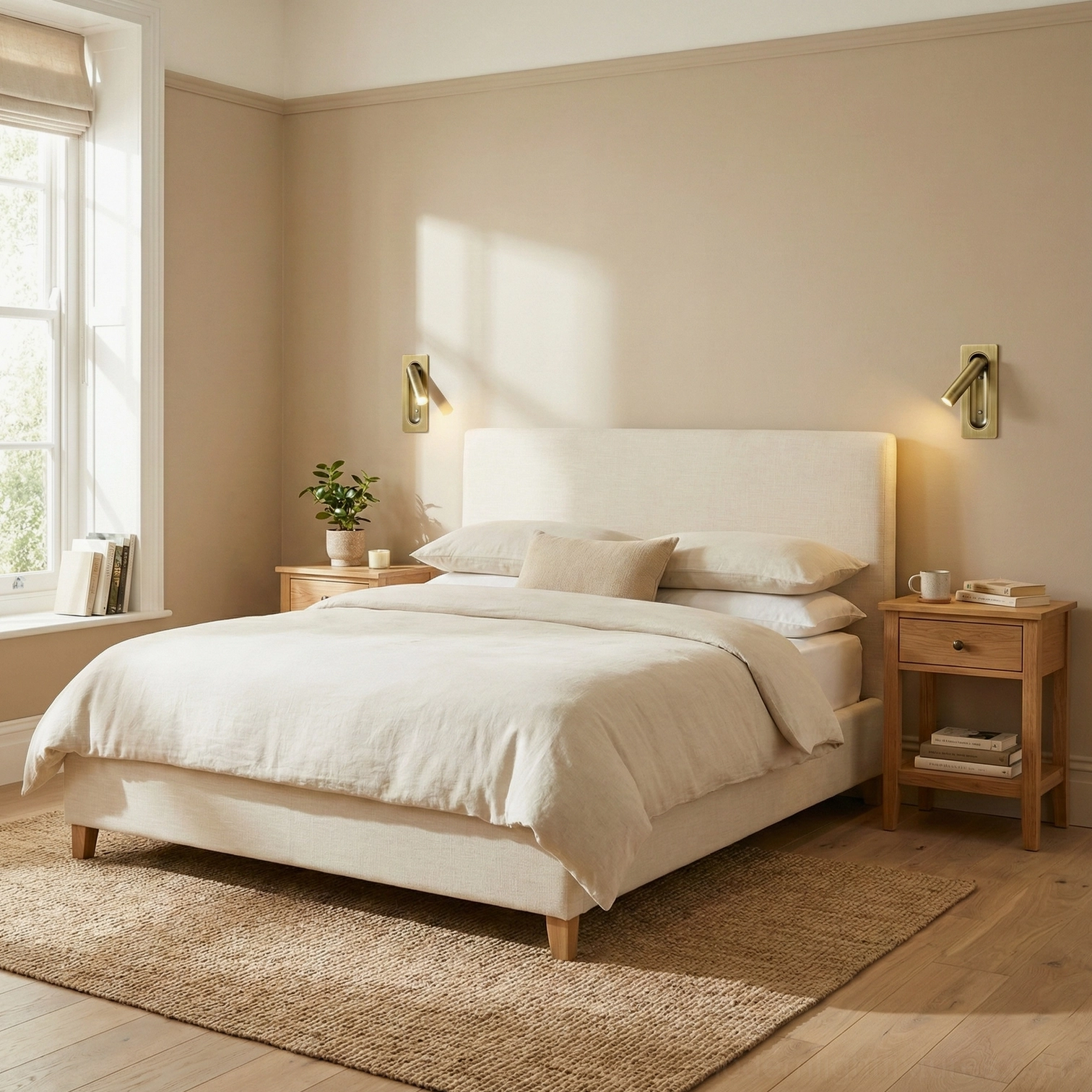 Master bedroom with pair of symmetrical matte black recessed wall reading lamps flanking bed with minimalist warm decor