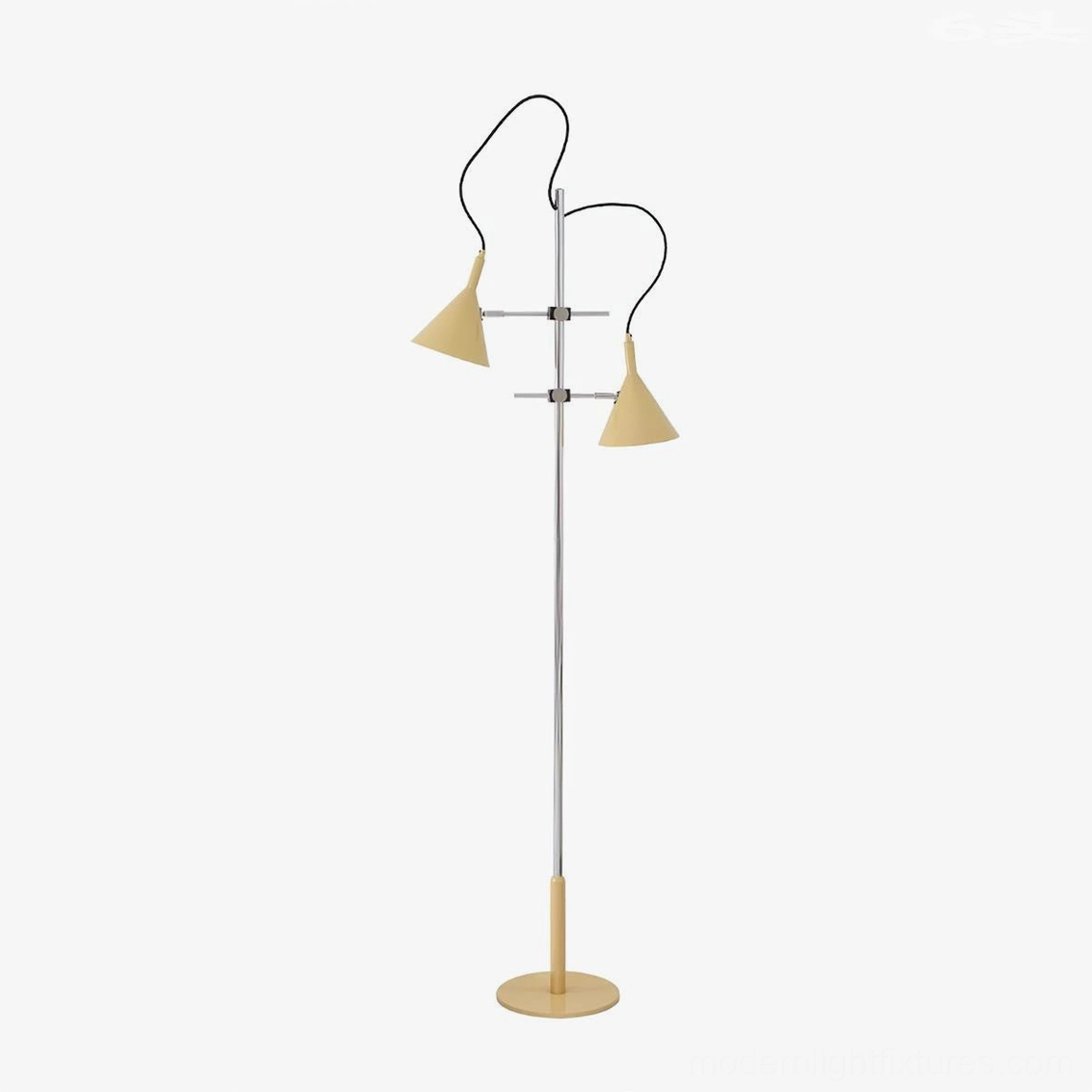 Adjustable twin cone floor lamp demonstrating flexible positioning of dual conical shades for directional task and ambient lighting