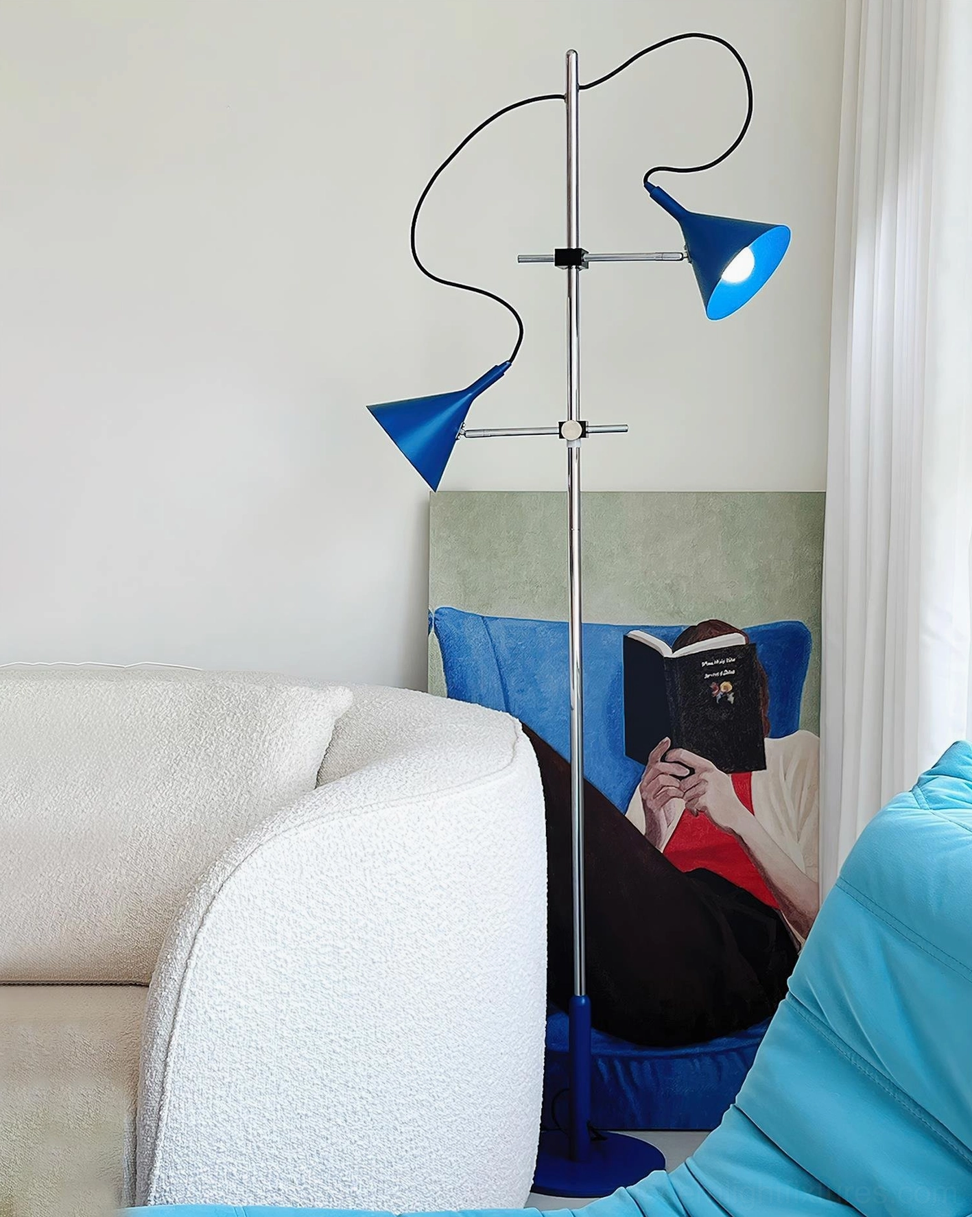 Twin cone floor lamp with beige conical shades in Scandinavian minimalist interior with natural lighting and wood accents