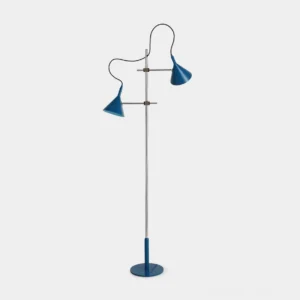 Twin cone floor lamp with blue matte metal conical shades and polished silver chrome pole, front studio view on white background