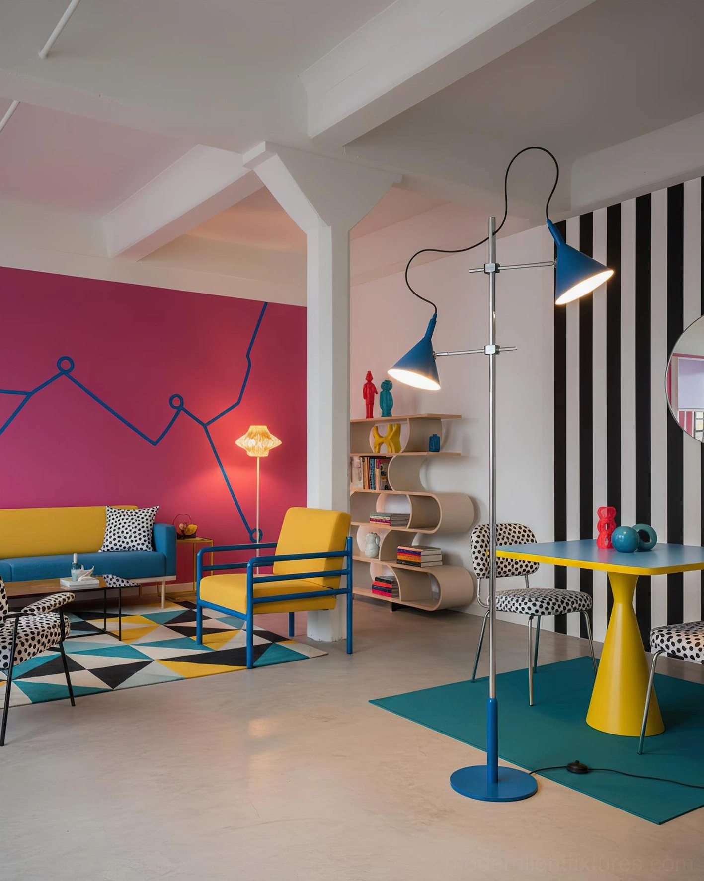 Twin cone floor lamp with blue shades and mixed metal finishes in vibrant eclectic living room with bold colorful wall accents