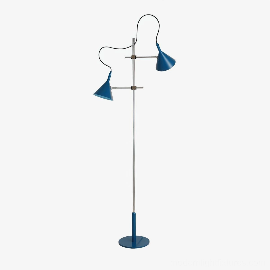 Dual-shade modern floor lamp twin cone style in chrome finish with foot switch control and extended power cord
