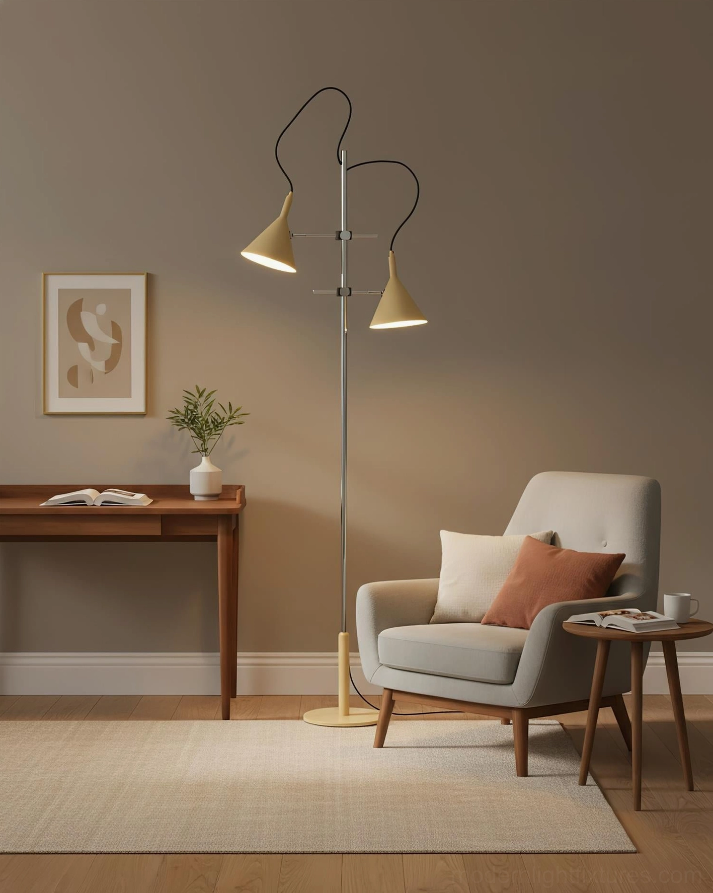 Sculptural twin cone floor lamp with cream shades and brass gold finish creating ambient lighting in modern living space