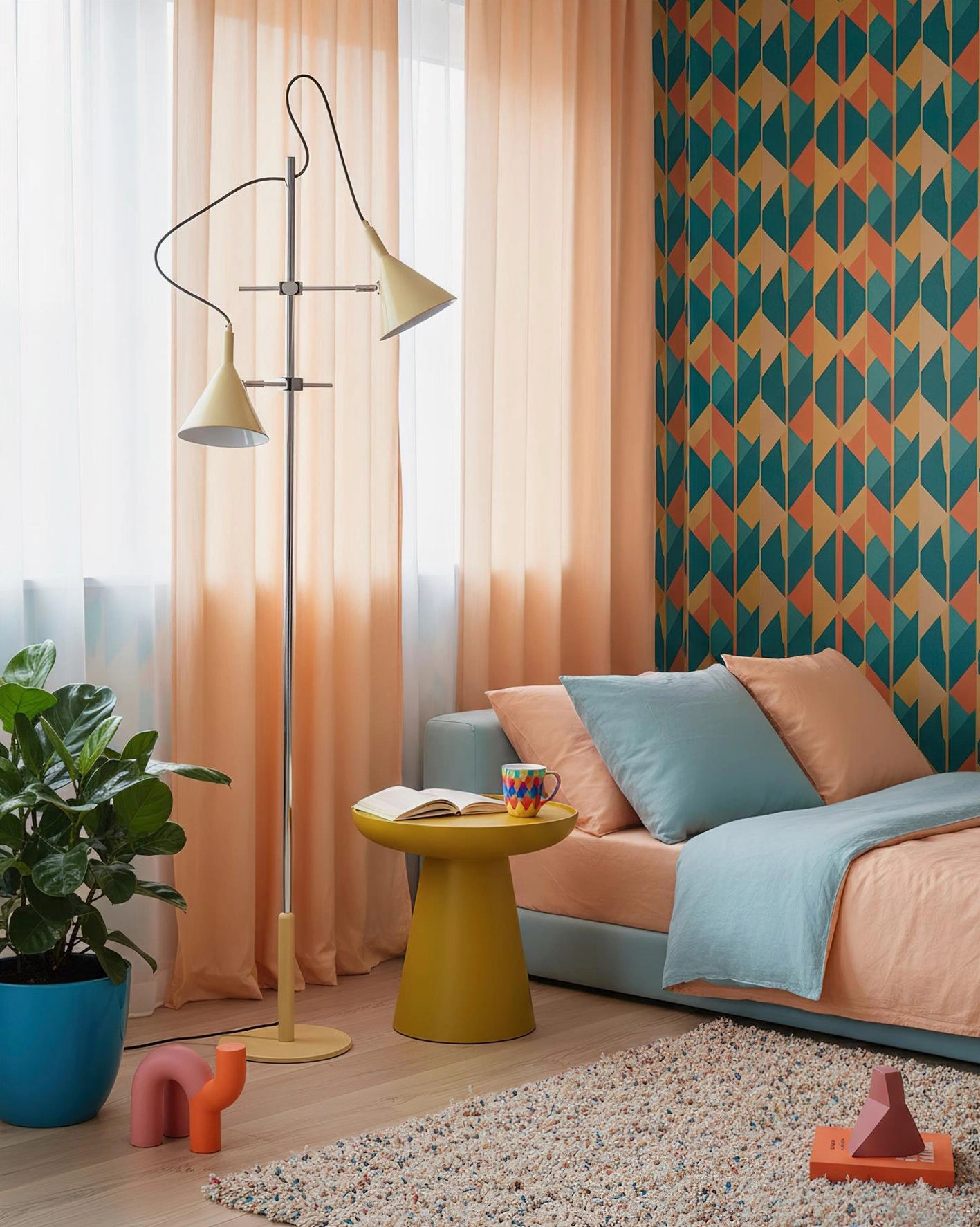 Adjustable dual-shade floor lamp with cream conical shades and gold brass pole in cozy bedroom lounge area with sheer curtains