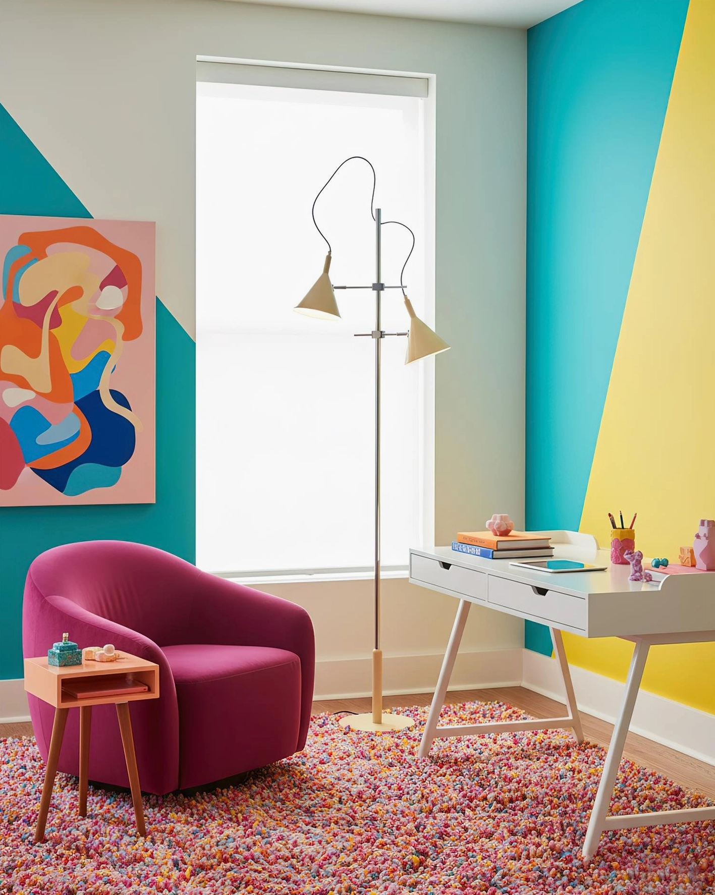 Modern dual cone floor lamp with cream conical shades and gold metal stand in bright home office corner on pink shaggy rug