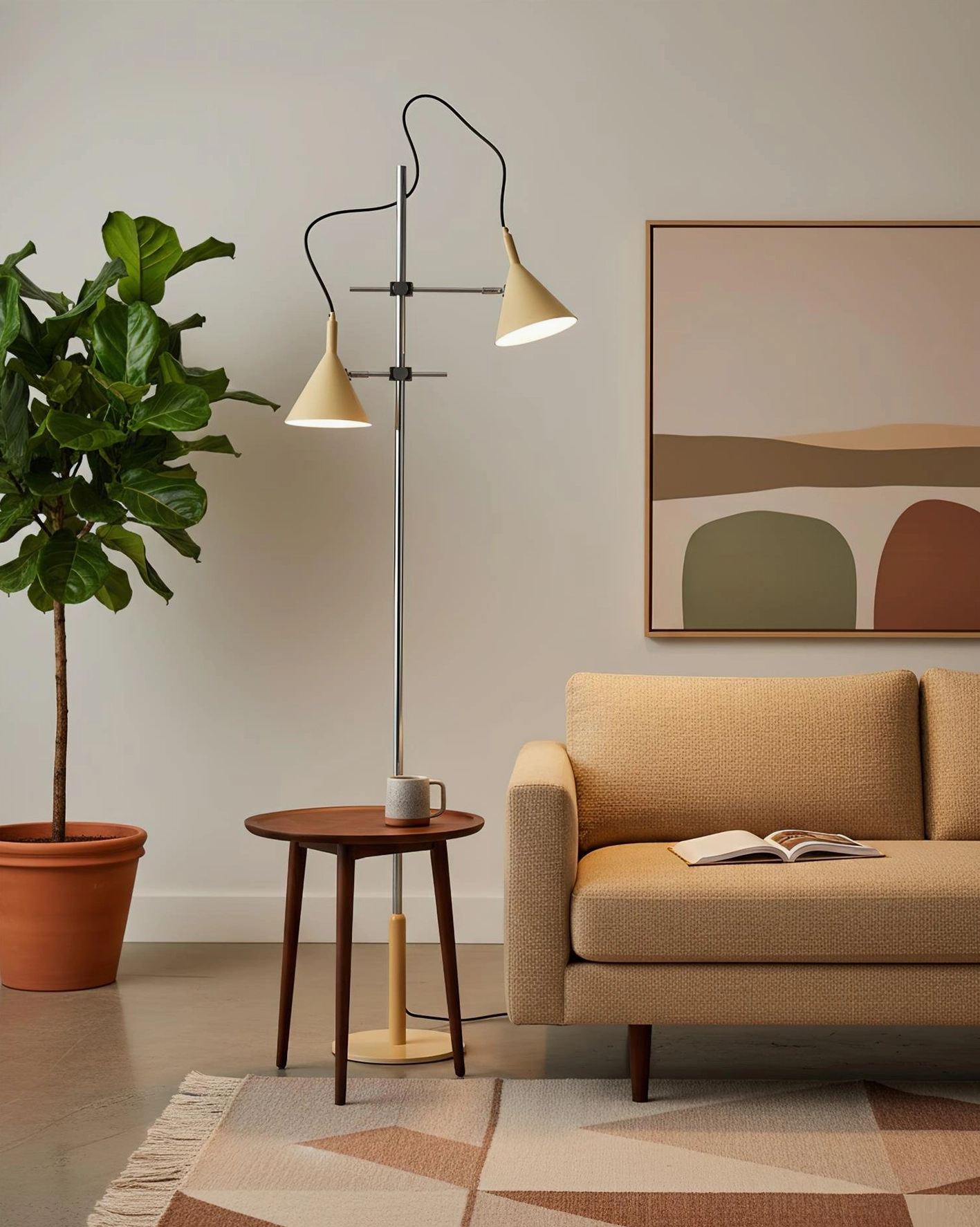 Twin cone floor lamp with cream conical shades and gold brass base in minimalist living lounge beside wooden side table and sofa