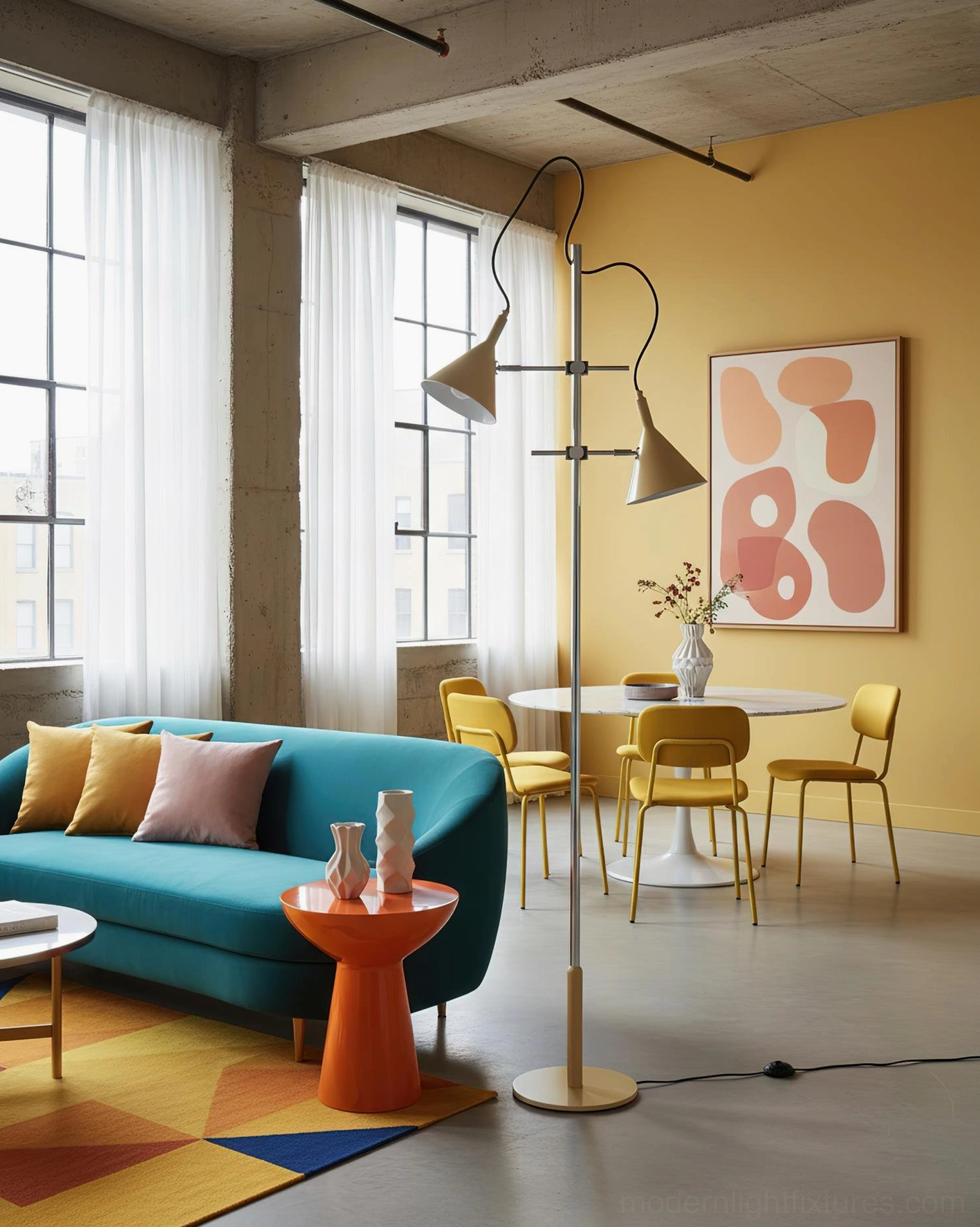 Twin cone floor lamp with brass gold finish in open-plan dining living space paired with teal sofa and mixed metal furnishings