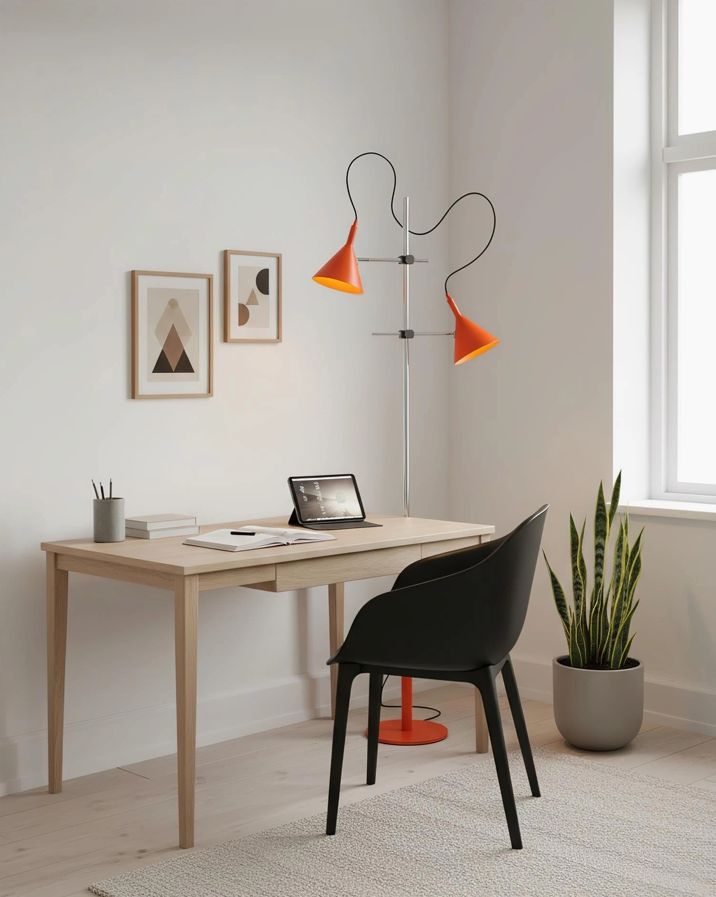 Modern dual cone floor lamp with orange conical shades and red base in minimalist Scandinavian home office workspace