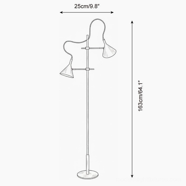 Twin cone floor lamp technical dimension schematic showing 163cm height and 25cm width product outline with adjustable structure