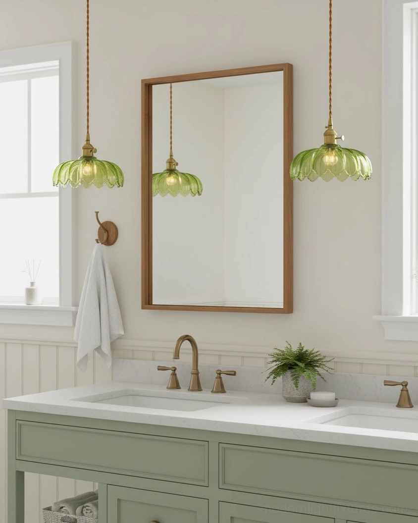 Dual green glass pendant lights over bathroom vanity with green cabinetry