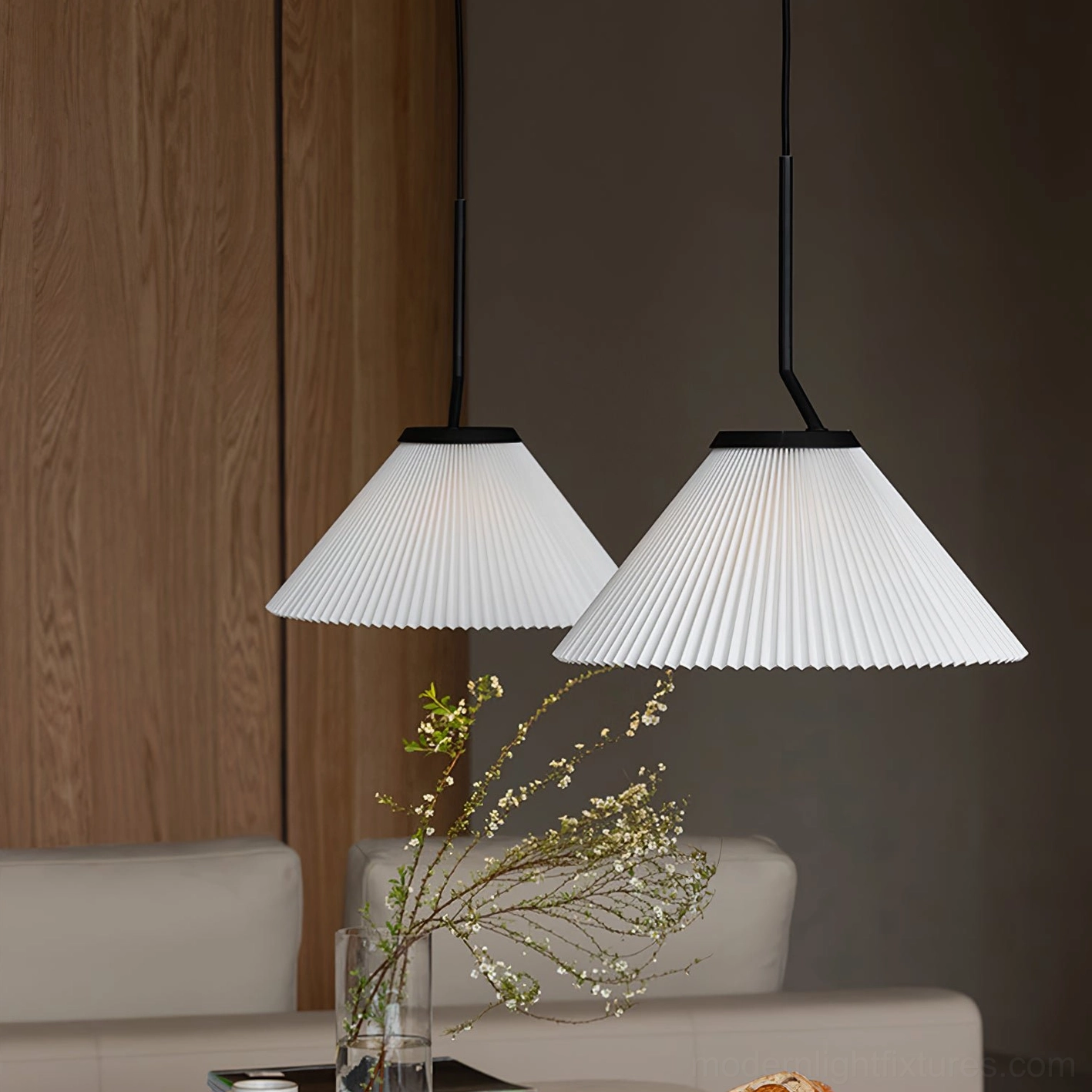 Twin Nebra pleated pendant lights in modern living room - Scandinavian minimalist interior design