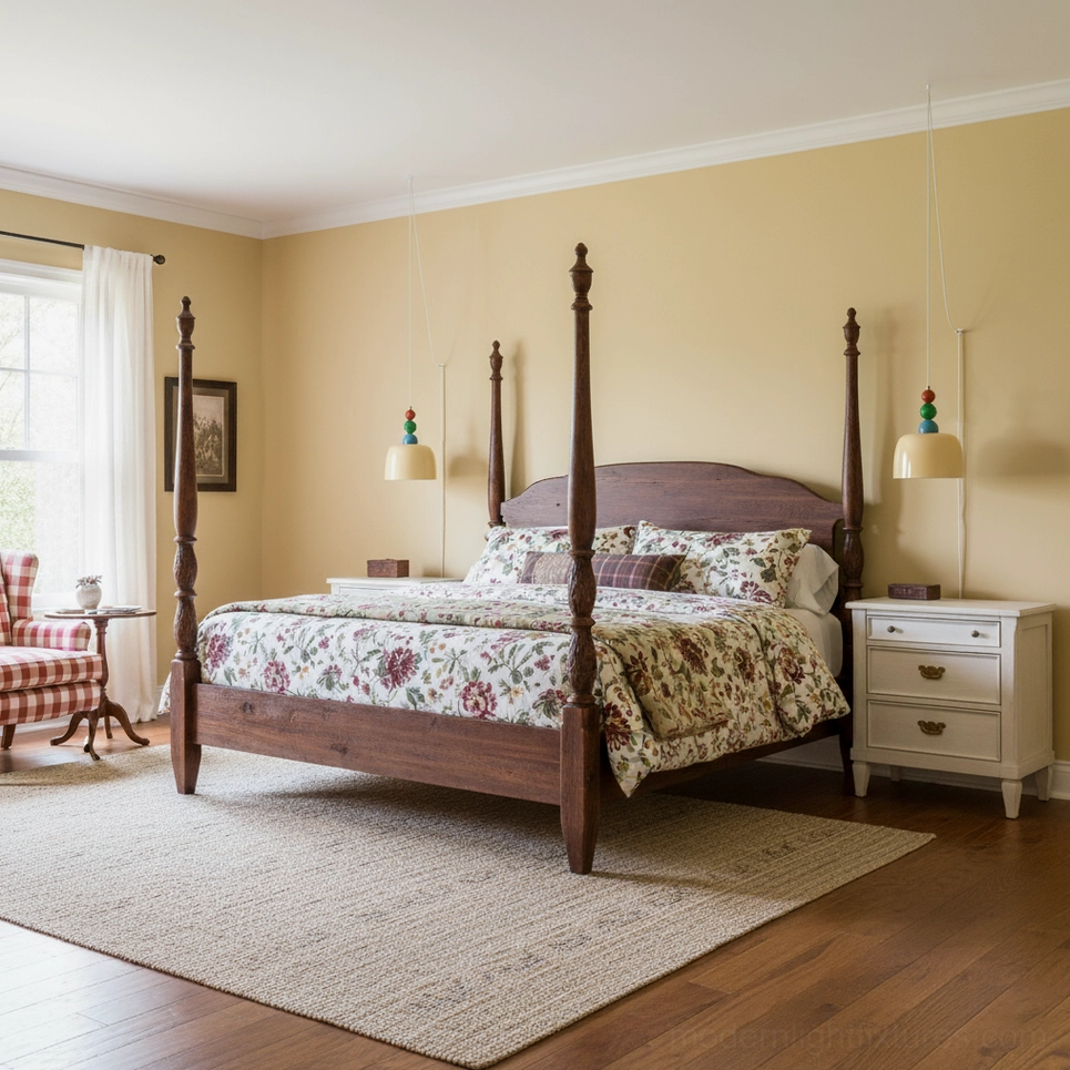 Twin beaded pendant lights in traditional bedroom with warm yellow walls and four-poster bed