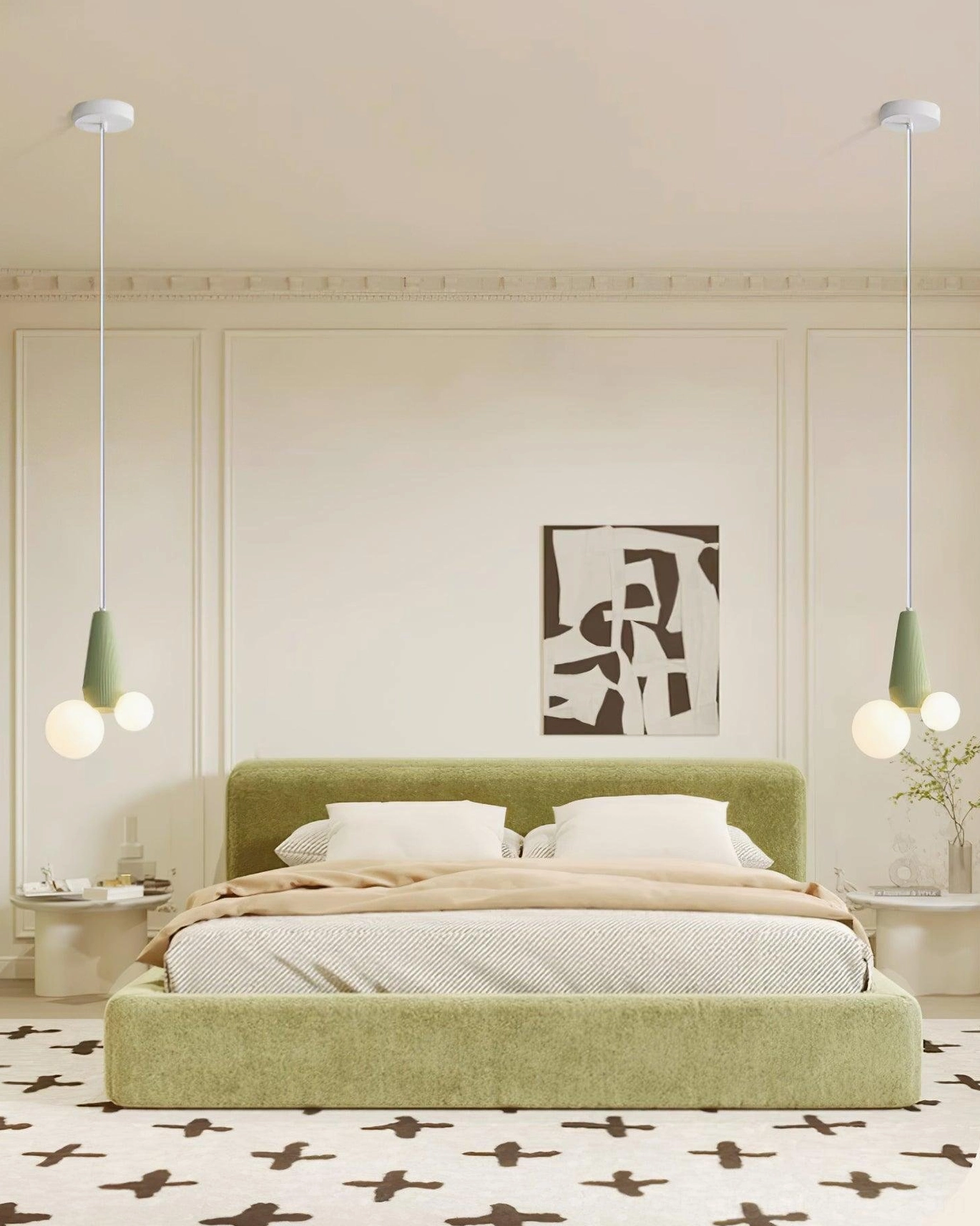 Dual pendant light fixtures with sage green bases and frosted white globes in master bedroom setting