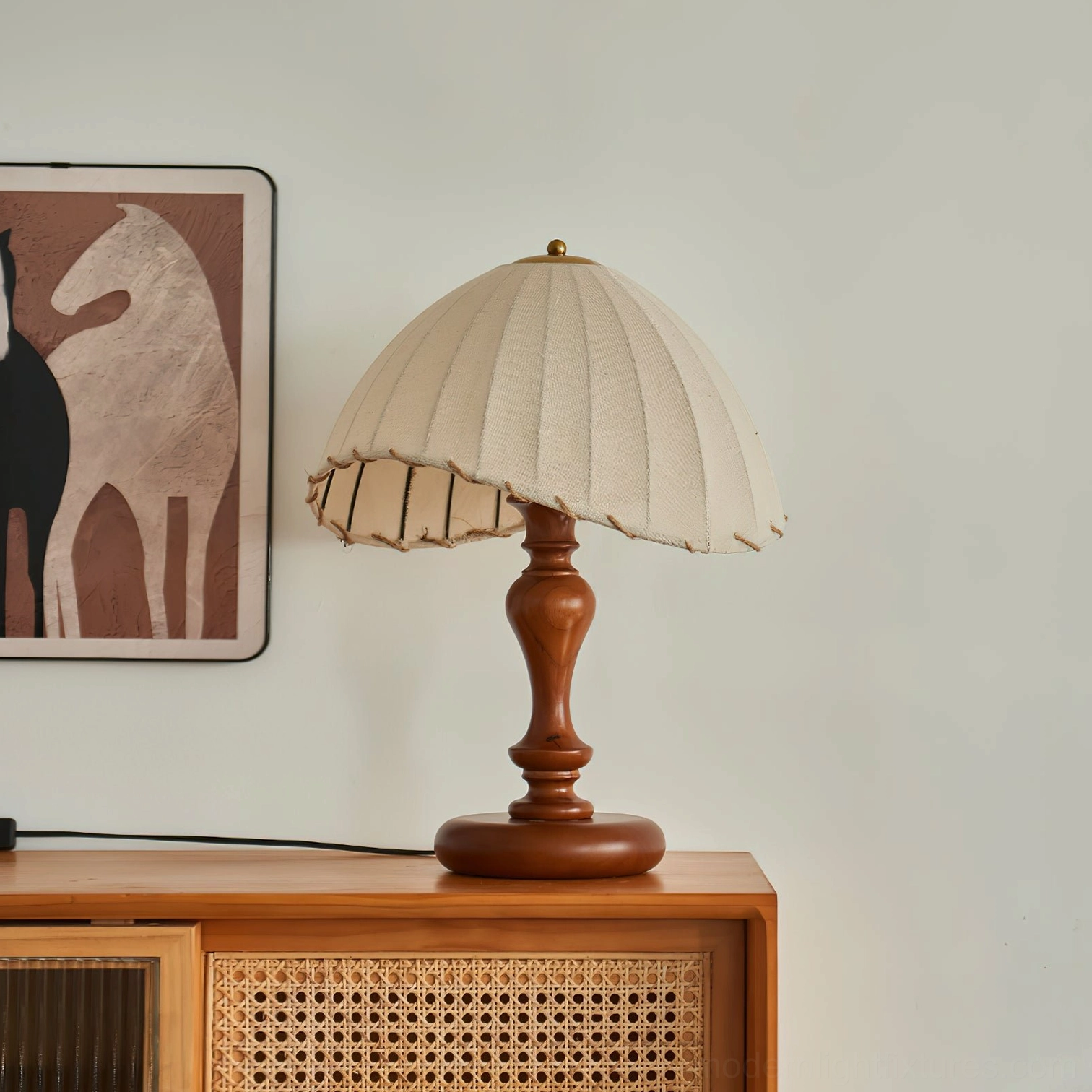 Matching pair of vintage table lamps with pleated shades and solid wood bases, side display