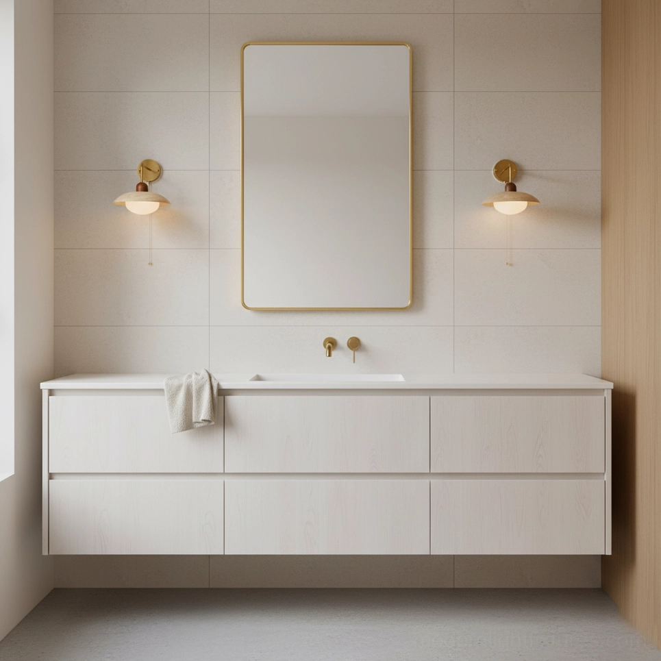 Twin travertine wall sconces installed in modern minimalist bathroom vanity with mirror lighting