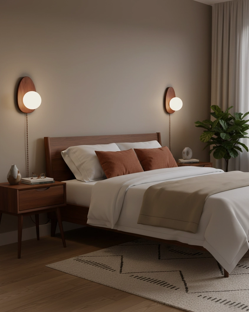 Twin frosted glass wall sconces mounted on green accent wall flanking bed headboard in master bedroom