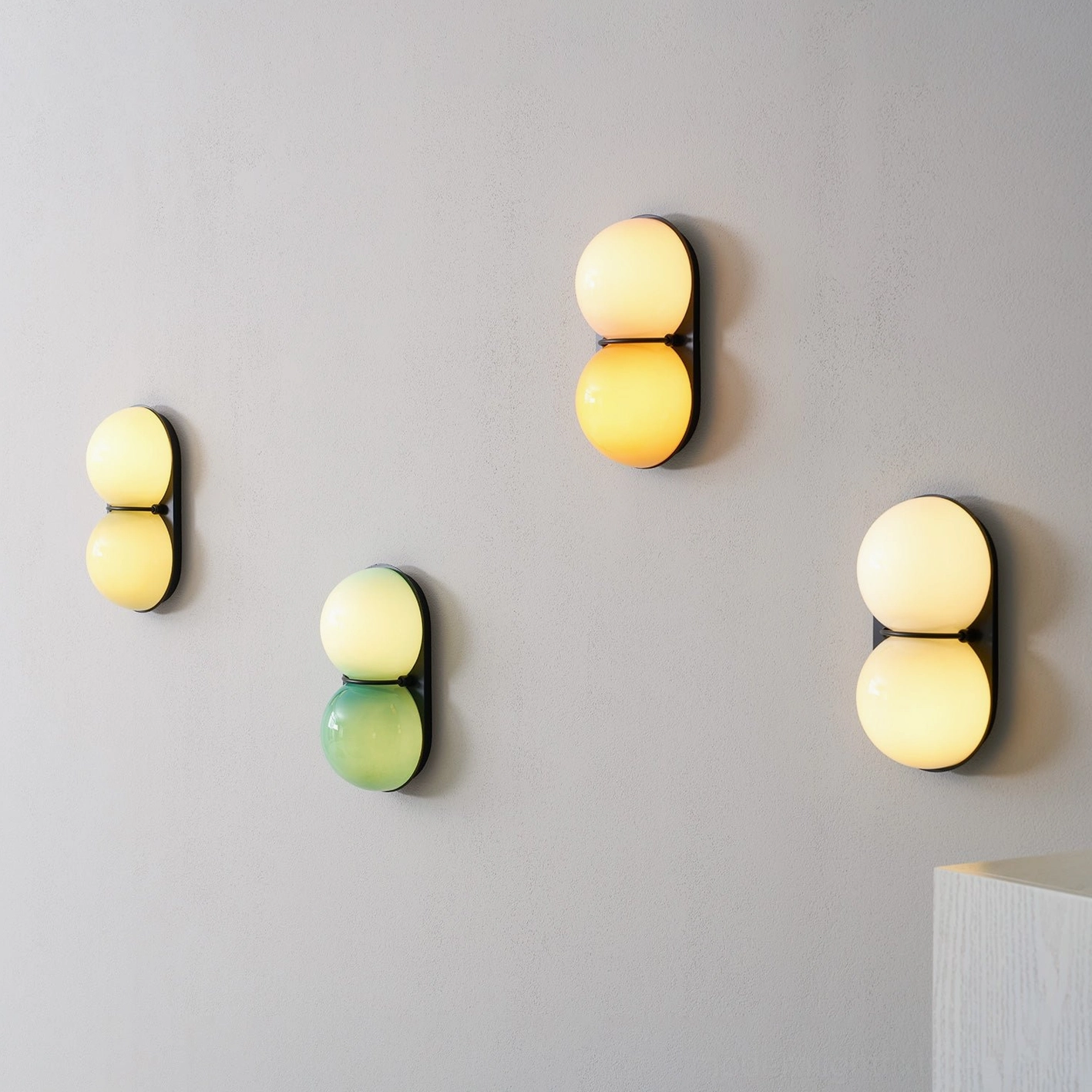 Twinwave contemporary wall light sconce with sculptural dual glass orbs and elegance