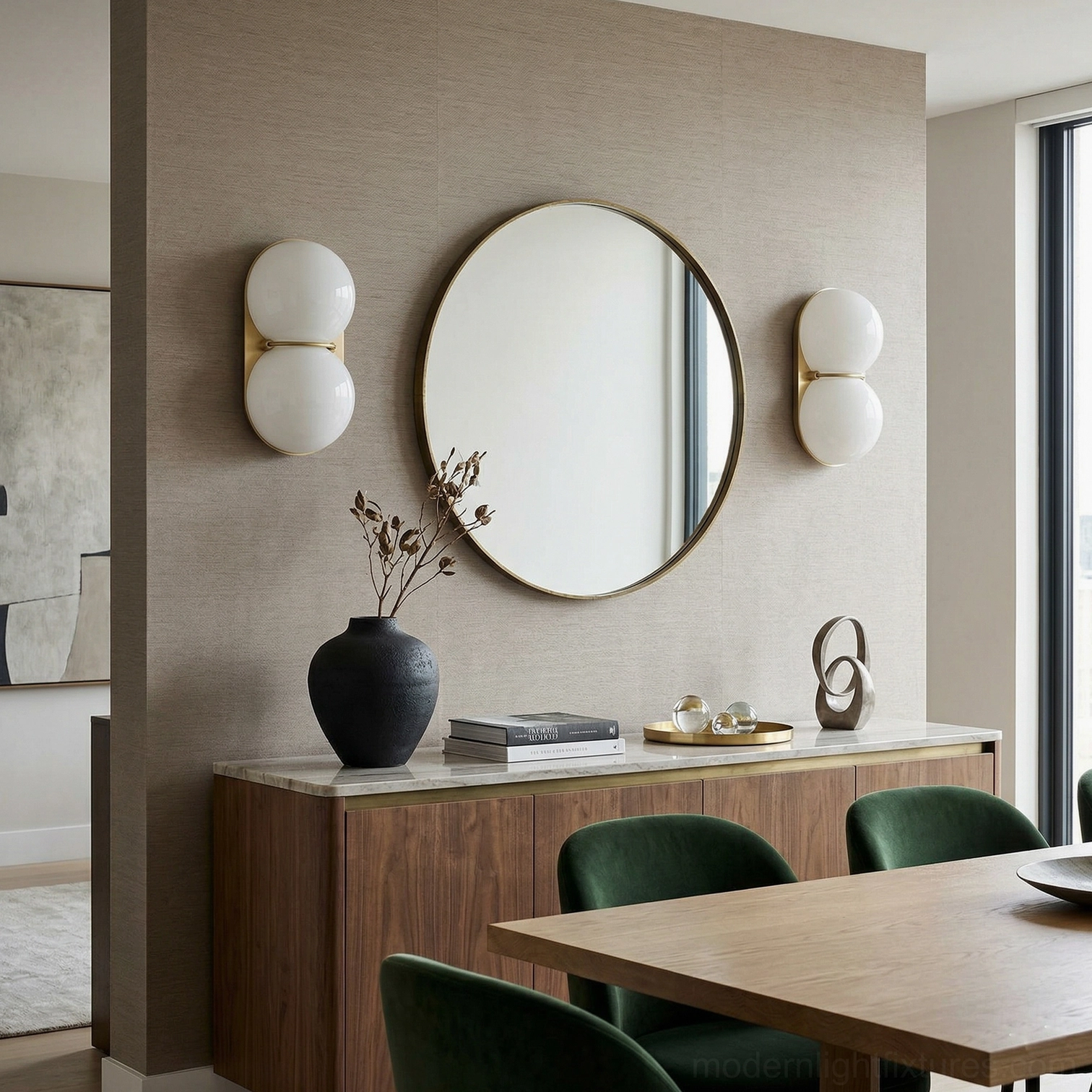 Twinwave contemporary wall sconce with two stacked luminous glass orbs in minimalist home