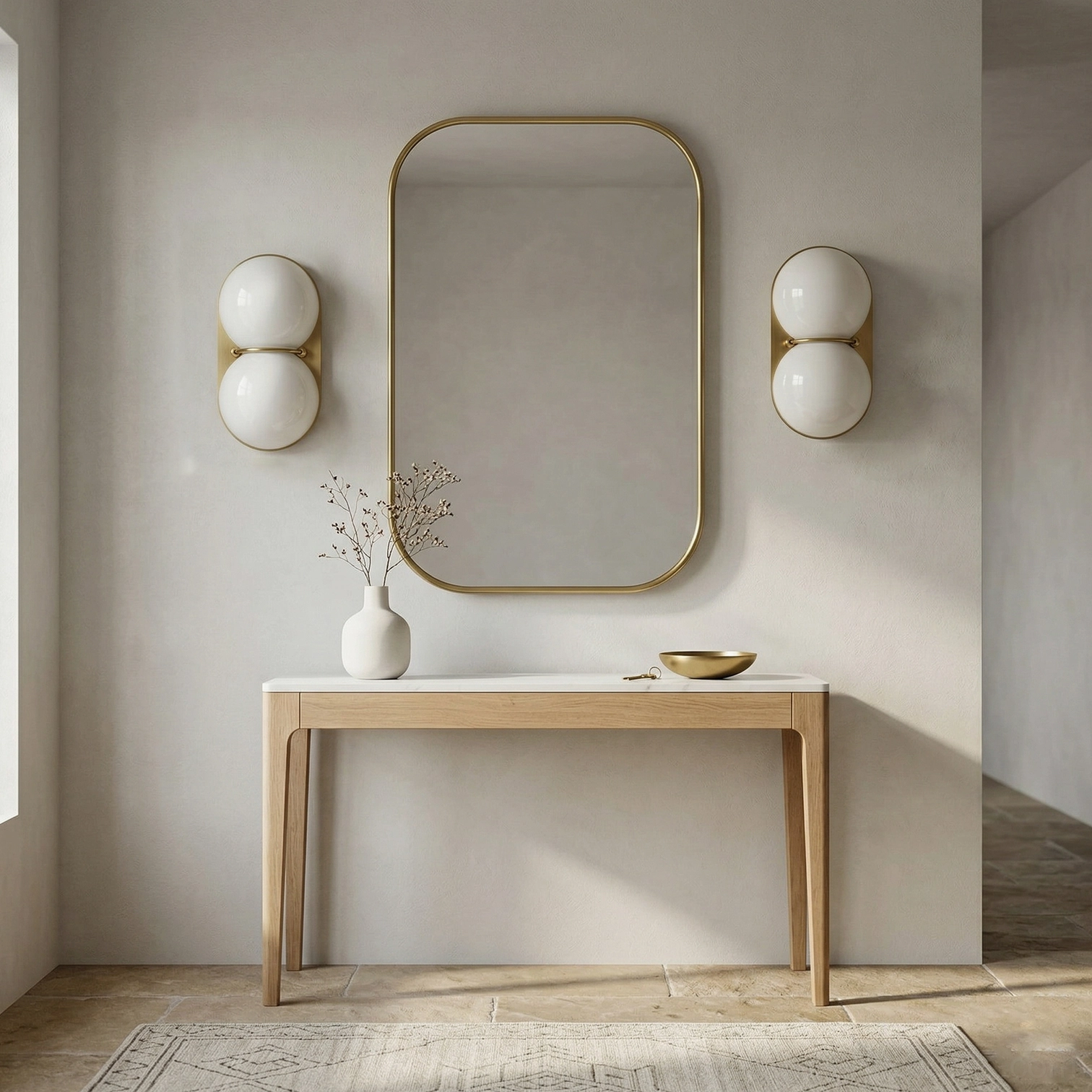 Twinwave double globe wall sconce mounted in modern Japandi interior with neutral earth tones