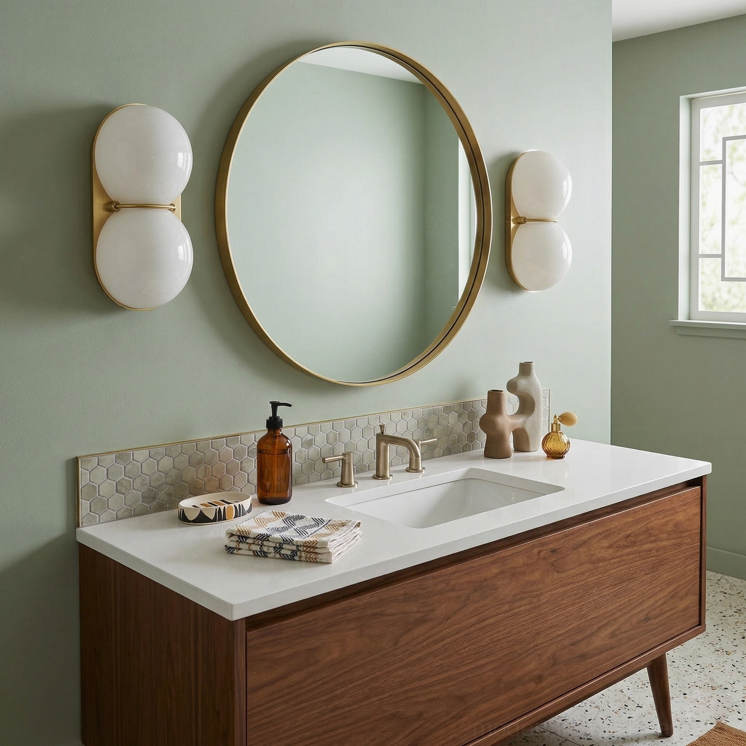 Twinwave double orb wall light fixture mounted on residential accent wall with ambient glow