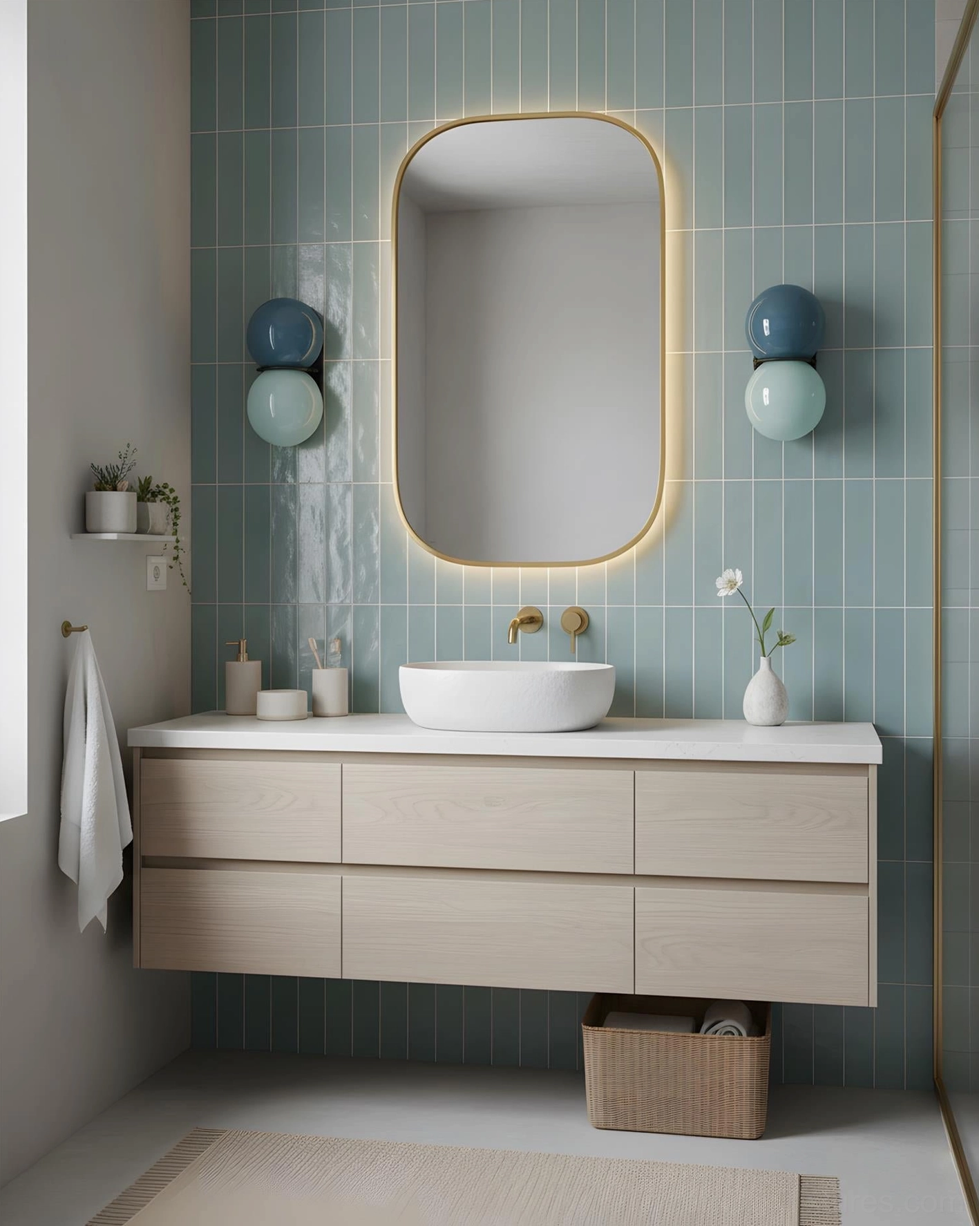 Twinwave double sphere wall sconce above bathroom vanity mirror with modern green tile accent wall