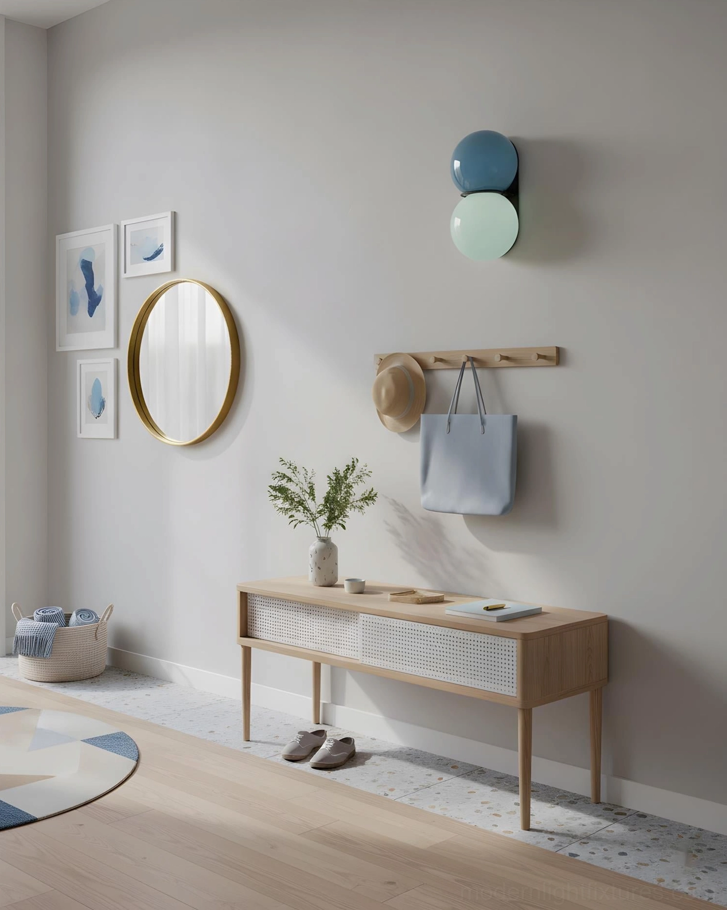 Twinwave double globe wall light in entryway hallway with minimalist Japandi style and wooden console