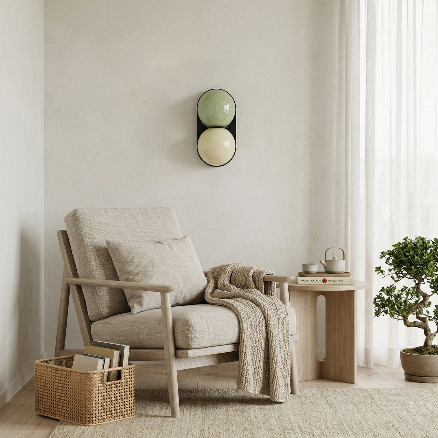 Twinwave double globe wall light in reading nook accent wall with warm Japandi earthy glass shades