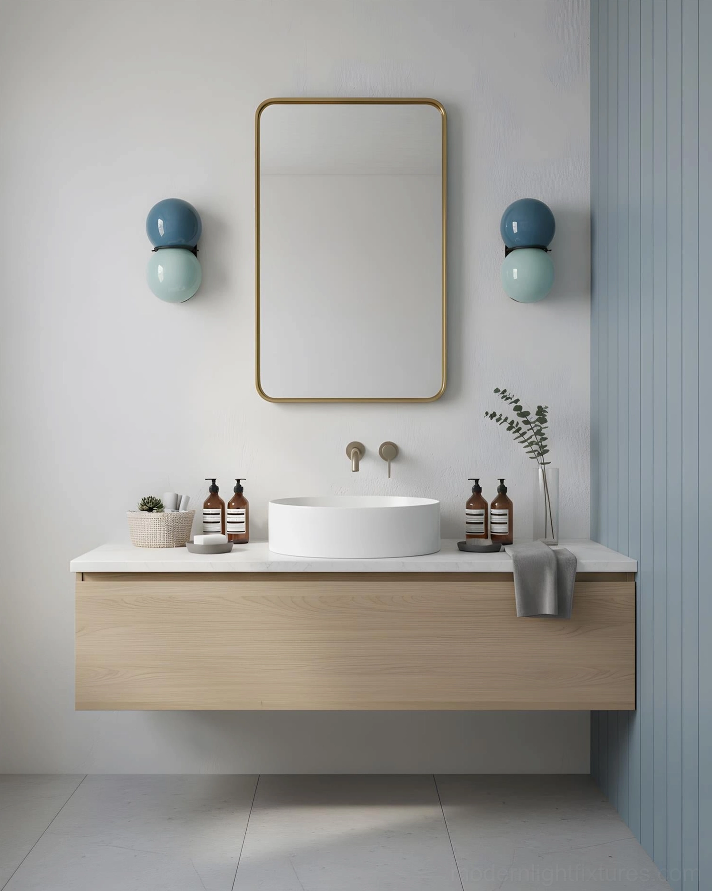 Twin Twinwave double globe wall sconces in contemporary bathroom with wooden floating vanity