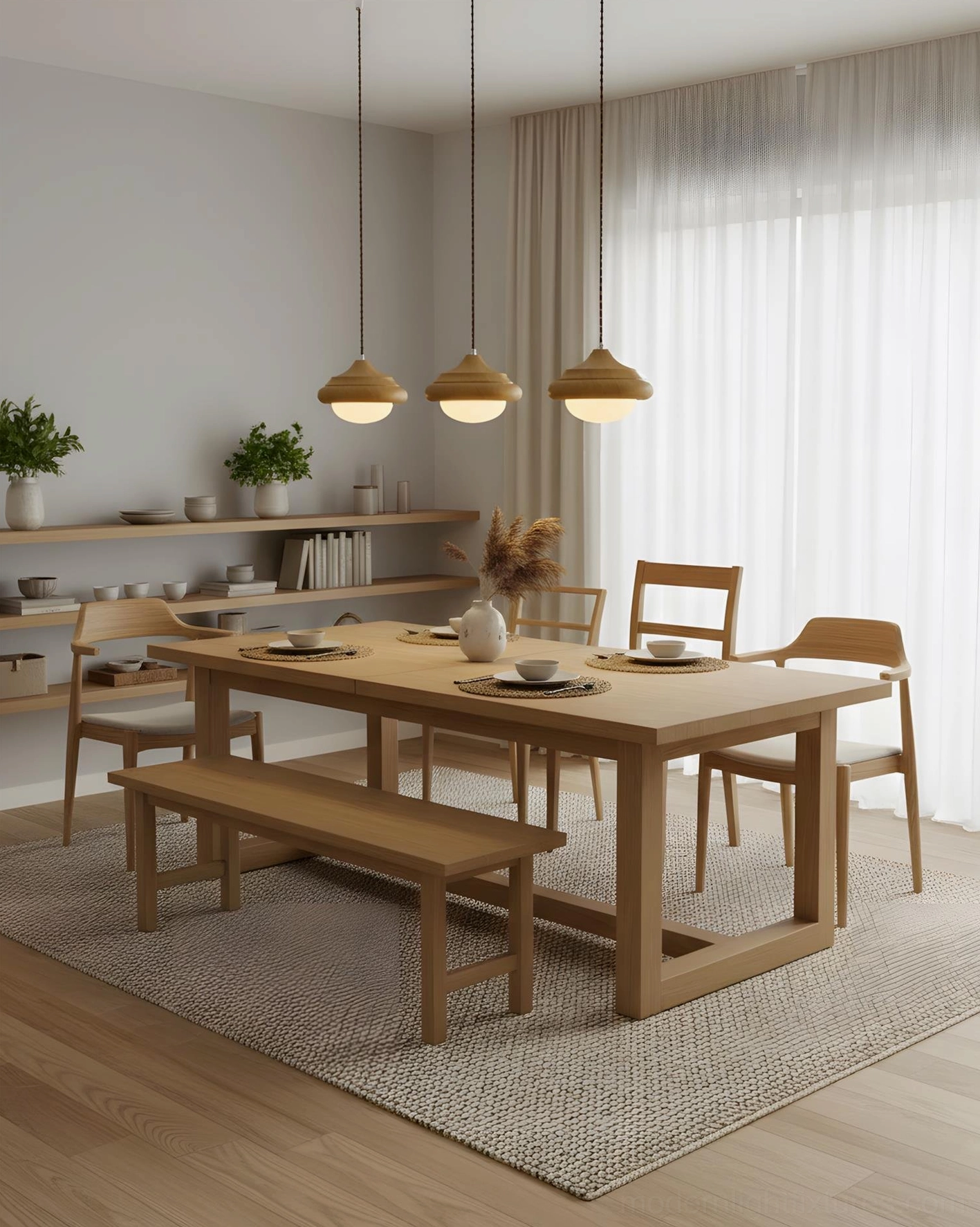 Set of three twirl pendant lights suspended above wooden dining table in Japandi style dining room