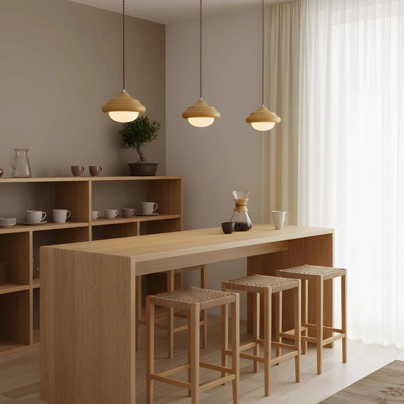 Multiple twirl pendant fixtures hanging over kitchen counter bar with modern seating in contemporary dining nook