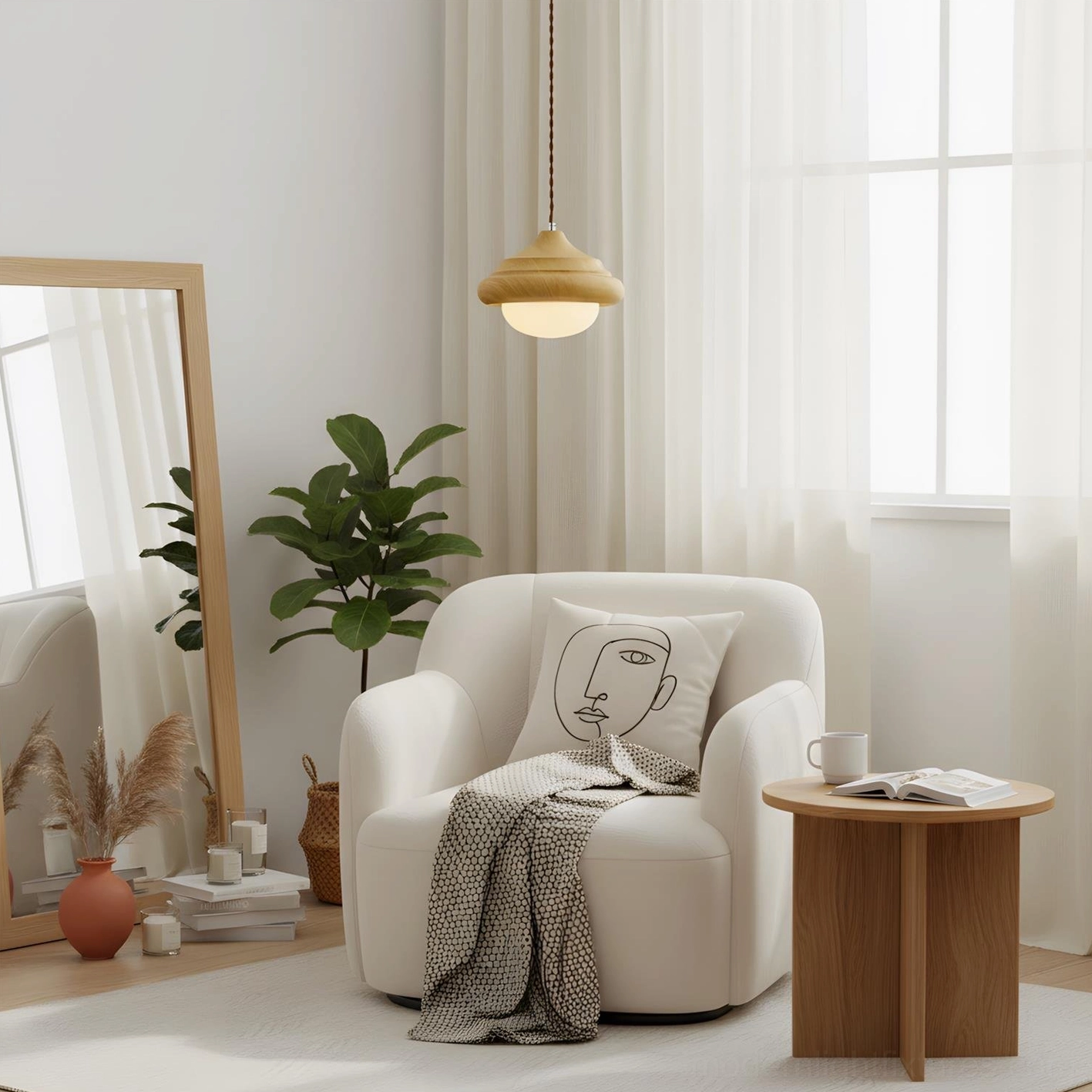 Single twirl wood pendant lamp hanging in minimalist living room with neutral tones and cozy ambiance
