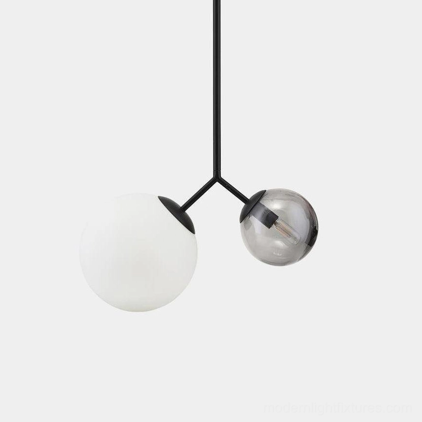 Twis modern two-head glass globe pendant light with black metal rod and mixed frosted white and smoke gray shades front view