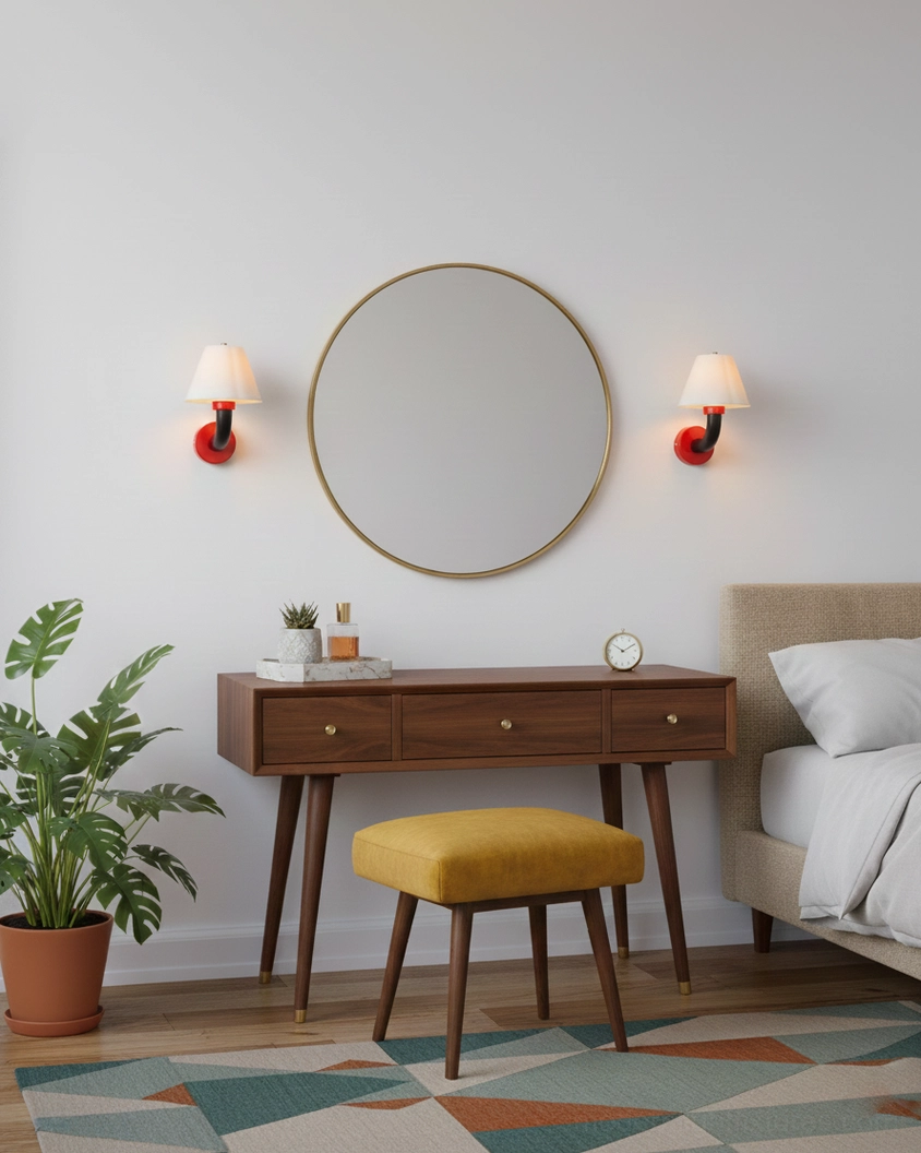 Paired Twist Shine wall sconces in red and gold flanking a round mirror in mid-century modern bedroom vanity setup