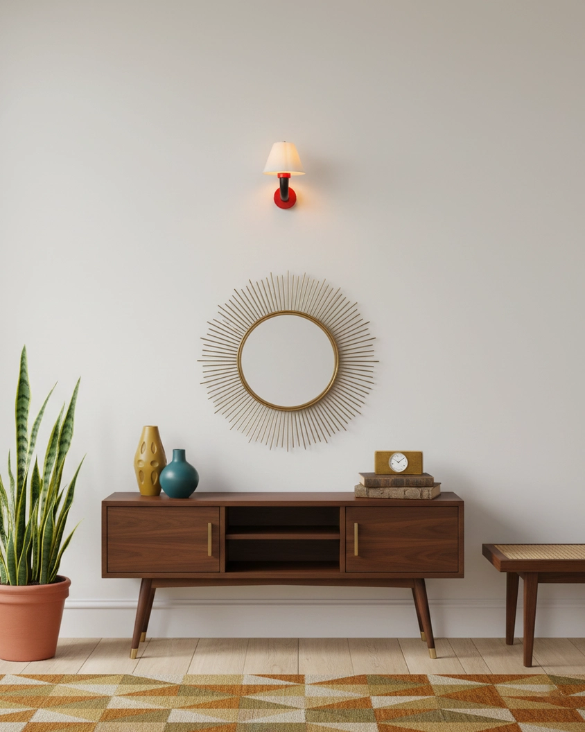 Twist Shine wall sconce installed above wooden console table with sunburst mirror in mid-century modern entryway