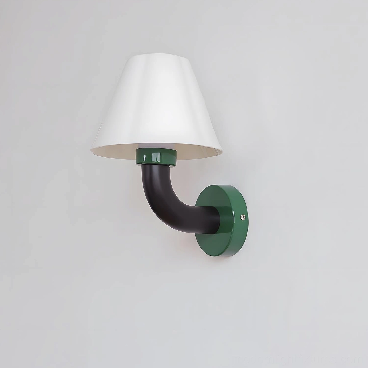 Pair of Twist Shine wall sconces in dark green above eclectic colorful mirror in modern bathroom vanity space