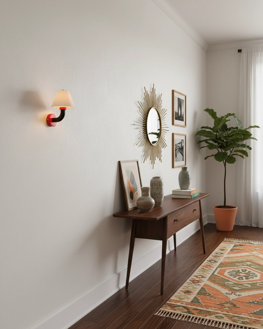 Twist Shine wall sconce in hallway with potted plant and wall art in mid-century modern home interior