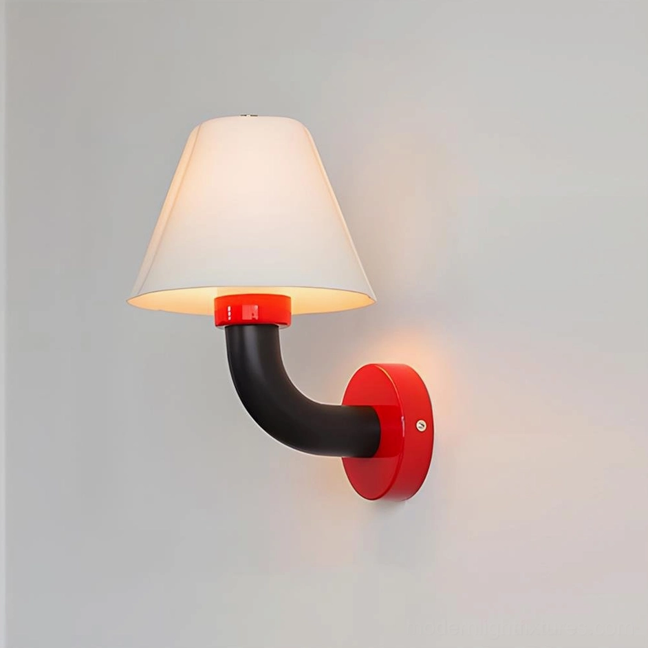 Twist Shine wall sconce in pomegranate red with bold black curved arm and white conical shade on white background
